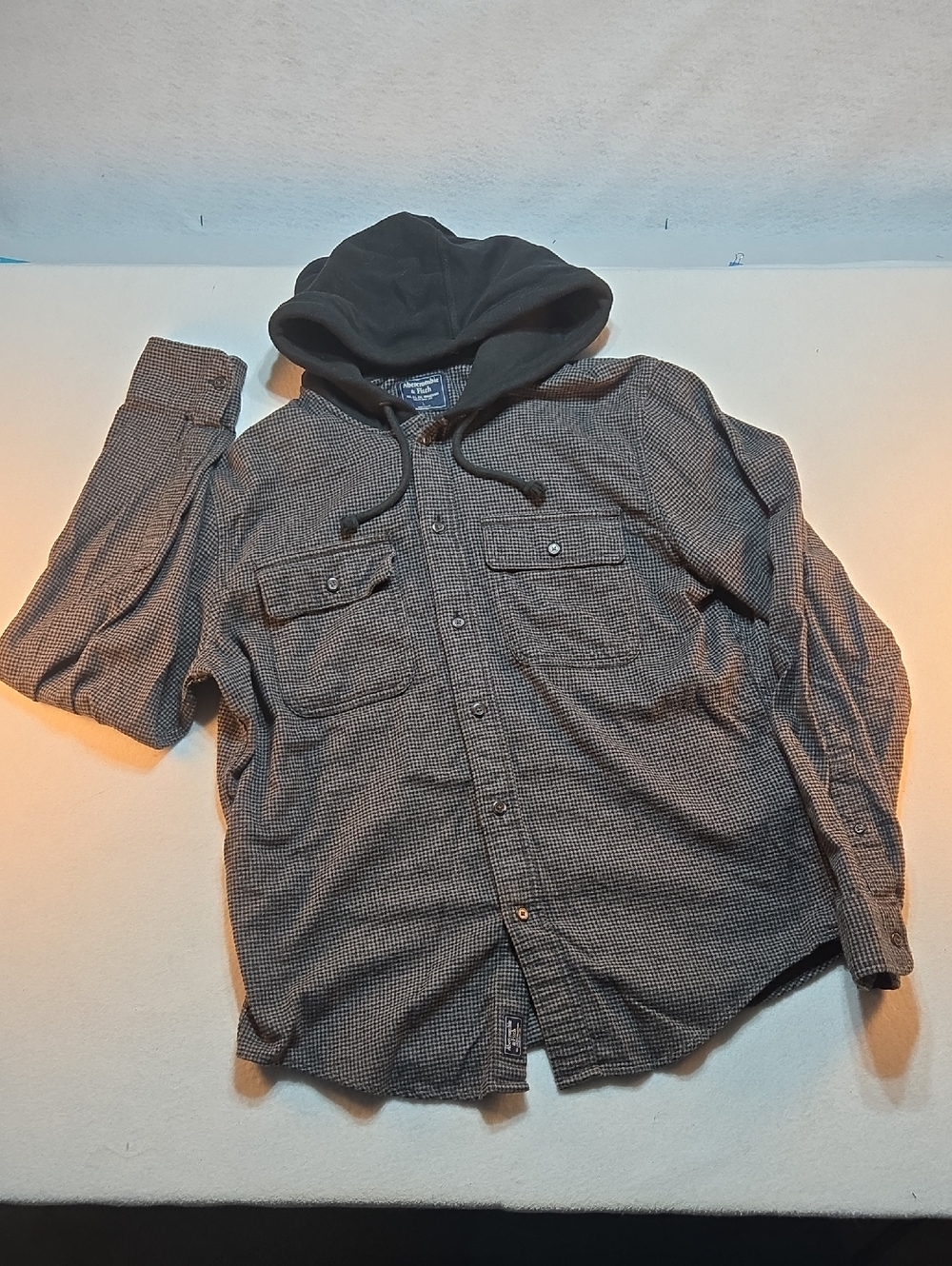 Abercrombie & Fitch Black and Gray Hooded Houndstooth Button Down Hoodie